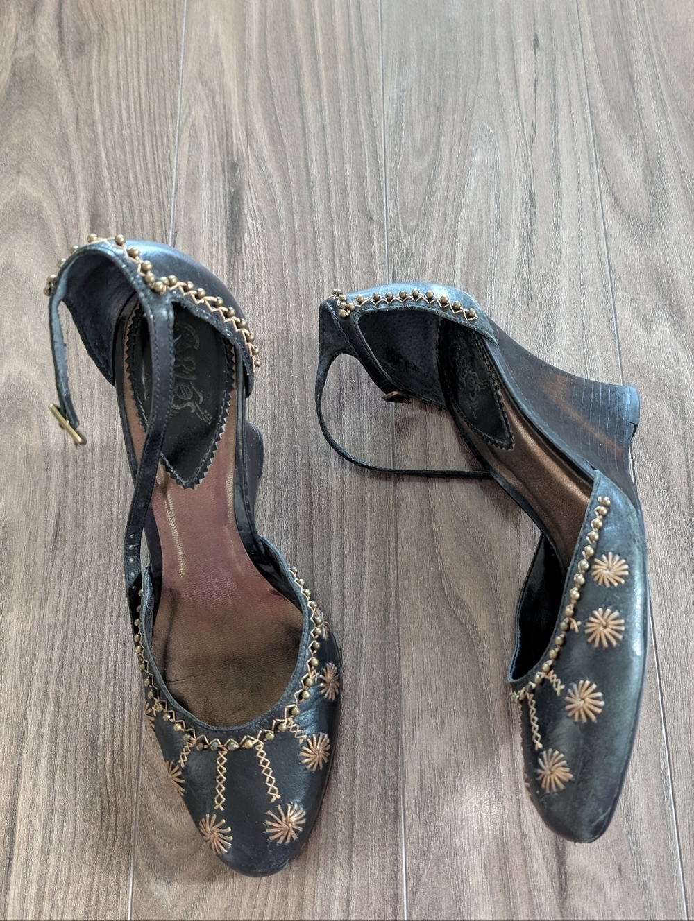 Carlos Black Embroidered Women's Strap Block Wedge Heels (Size 7.5) - Picture 2 of 15